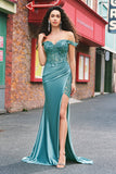 Off the Shoulder Applique Mermaid Grey Green Formal Dress with Slit
