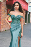 Off the Shoulder Applique Mermaid Grey Green Formal Dress with Slit
