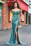 Off the Shoulder Applique Mermaid Grey Green Formal Dress with Slit