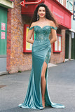 Off the Shoulder Applique Mermaid Grey Green Formal Dress with Slit