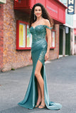 Off the Shoulder Applique Mermaid Grey Green Formal Dress with Slit
