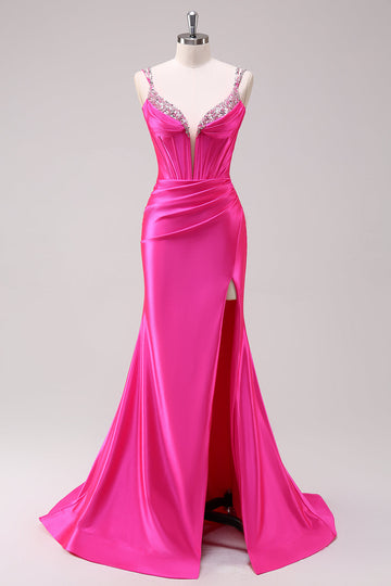 Fuchsia Mermaid Spaghetti Straps Corset Sequin Formal Dress with Slit