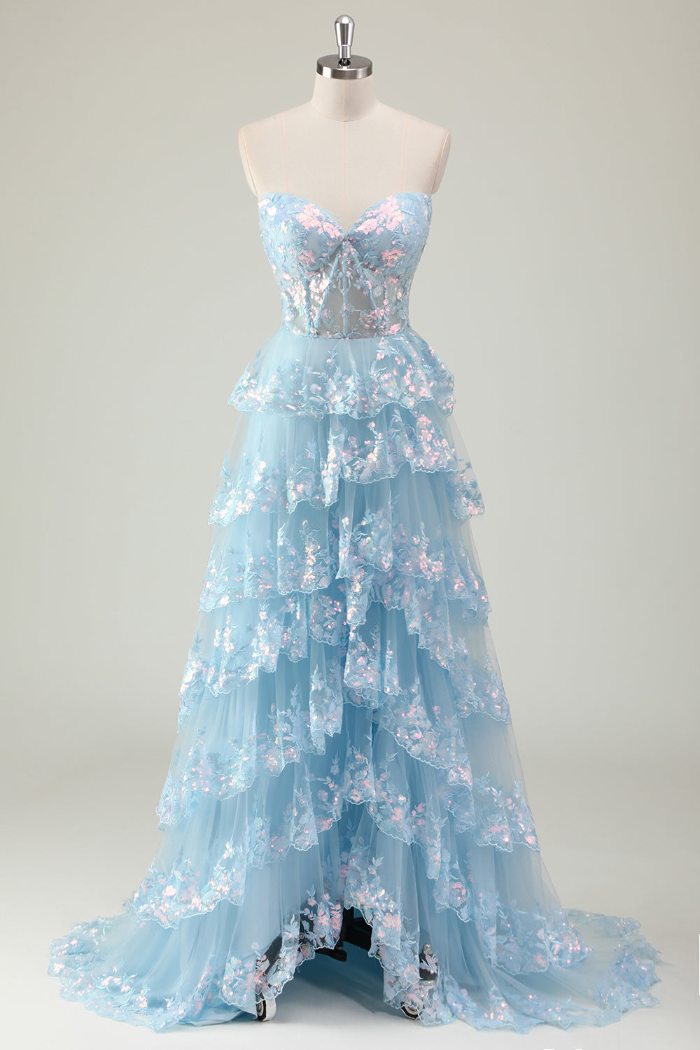 Strapless Blue A Line Sequin Corset Tiered Long Formal Dress
