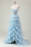 Glitter Blue A Line Strapless Sequin Corset Tiered Long Formal Dress