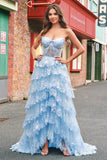 Strapless Blue A Line Sequin Corset Tiered Long Formal Dress