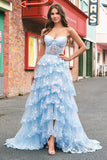 Strapless Blue A Line Sequin Corset Tiered Long Formal Dress