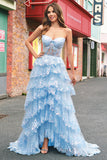 Strapless Blue A Line Sequin Corset Tiered Long Formal Dress