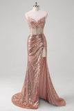 Sparkly Rose Golden Mermaid Corset Long Formal Dress With Sequins