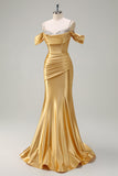 Sparkly Golden Mermaid Cold Shoulder Sequined Ruched Satin Long Formal Dress