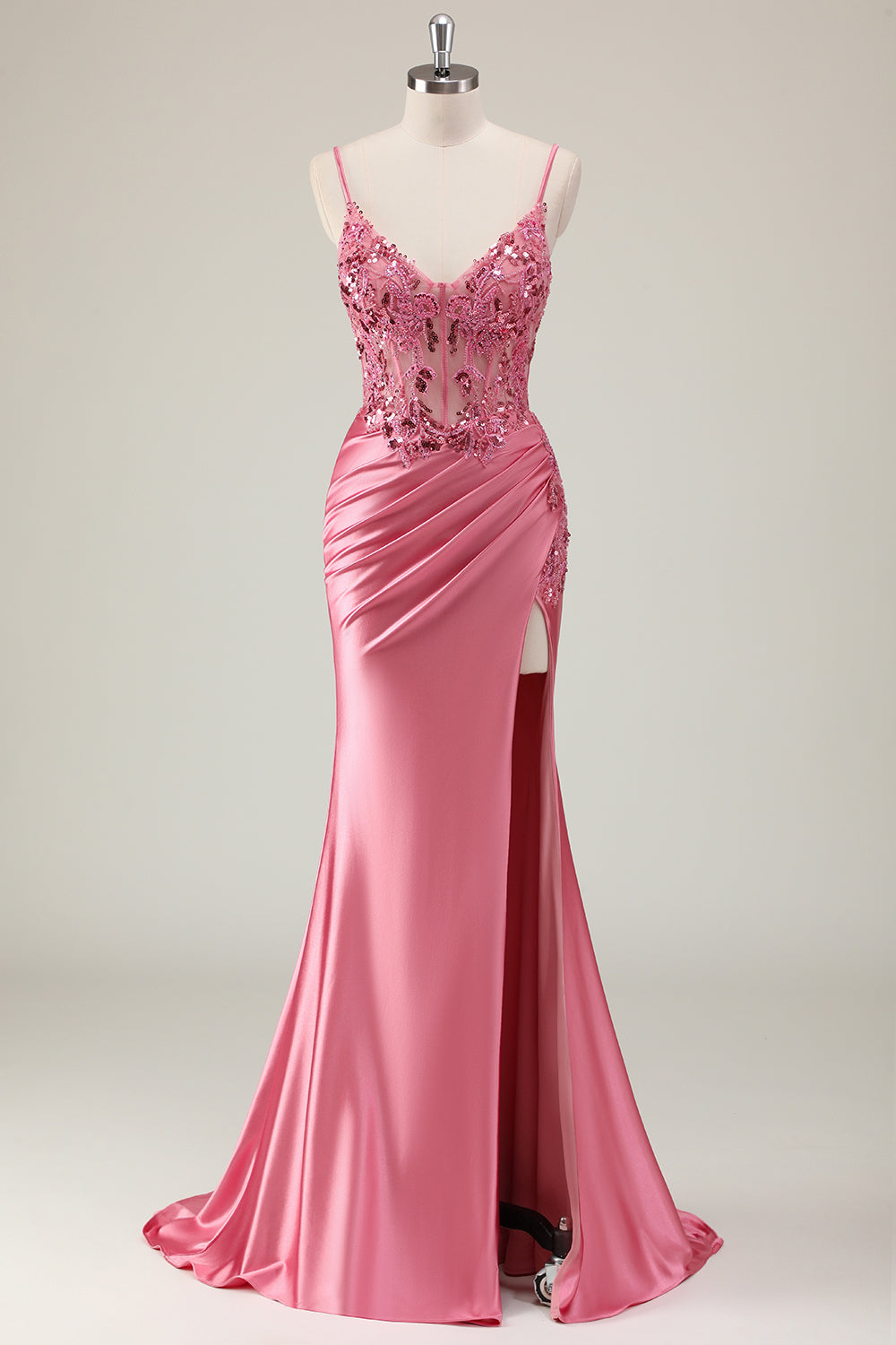 Mermaid Satin Sequined Corset Coral Long Formal Dress with Slit