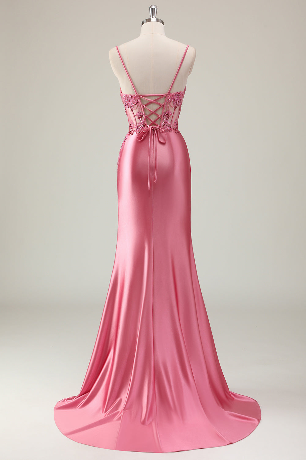Mermaid Satin Sequined Corset Coral Long Formal Dress with Slit
