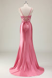 Mermaid Satin Sequined Corset Coral Long Formal Dress with Slit