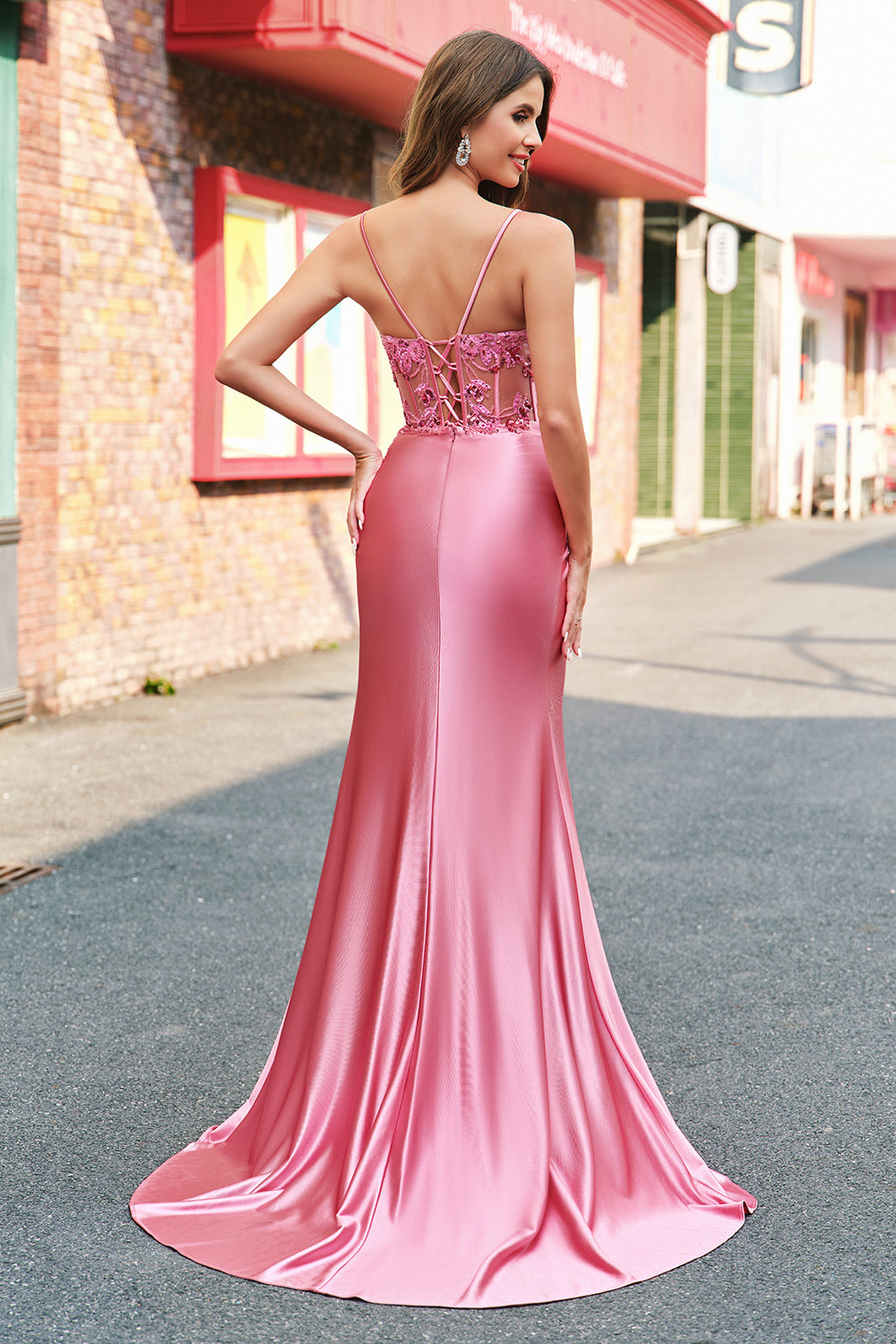Mermaid Satin Sequined Corset Coral Long Formal Dress with Slit