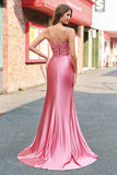 Mermaid Satin Sequined Corset Coral Long Formal Dress with Slit