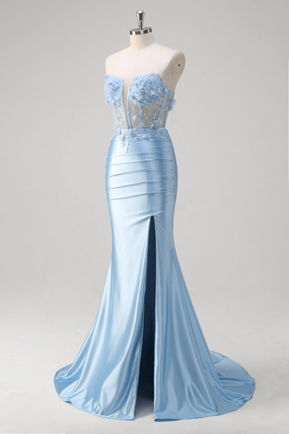 Blue Mermaid Floral Strapless Corset Long Formal Dress With Slit