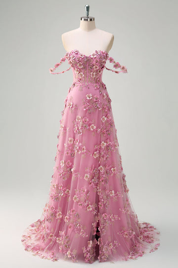 Taro A-Line Off The Shoulder Corset Slit Long Formal Dress With 3D Flowers