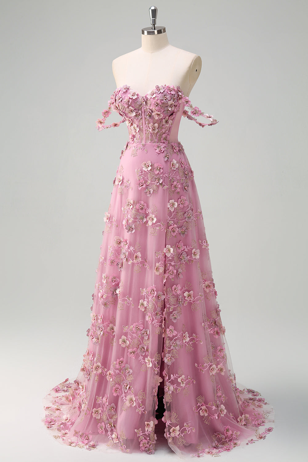 Taro A-Line Off The Shoulder Corset Slit Long Formal Dress With 3D Flowers