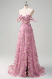 Taro A-Line Off The Shoulder Corset Slit Long Formal Dress With 3D Flowers