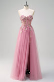 Taro Purple A-Line Strapless 3D Flower Corset Long Formal Dress with Slit
