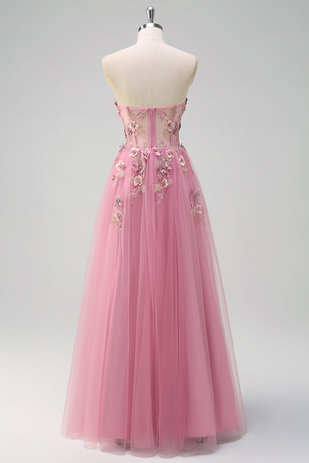 Taro Purple A-Line Strapless 3D Flower Corset Long Formal Dress with Slit