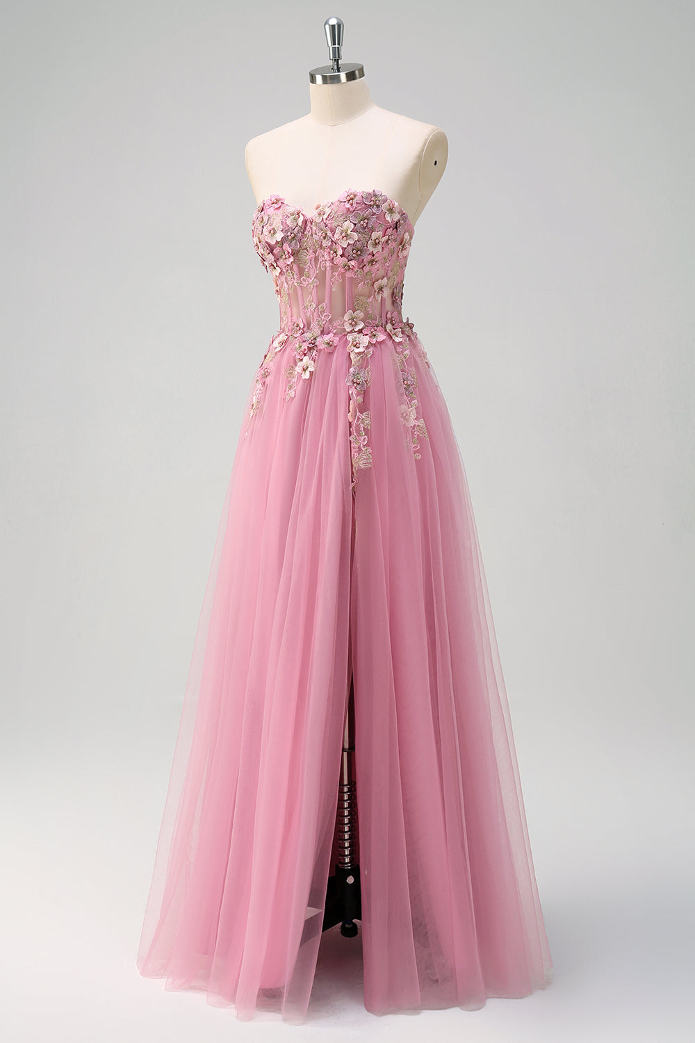 Taro Purple A-Line Strapless 3D Flower Corset Long Formal Dress with Slit
