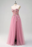 Taro Purple A-Line Strapless 3D Flower Corset Long Formal Dress with Slit