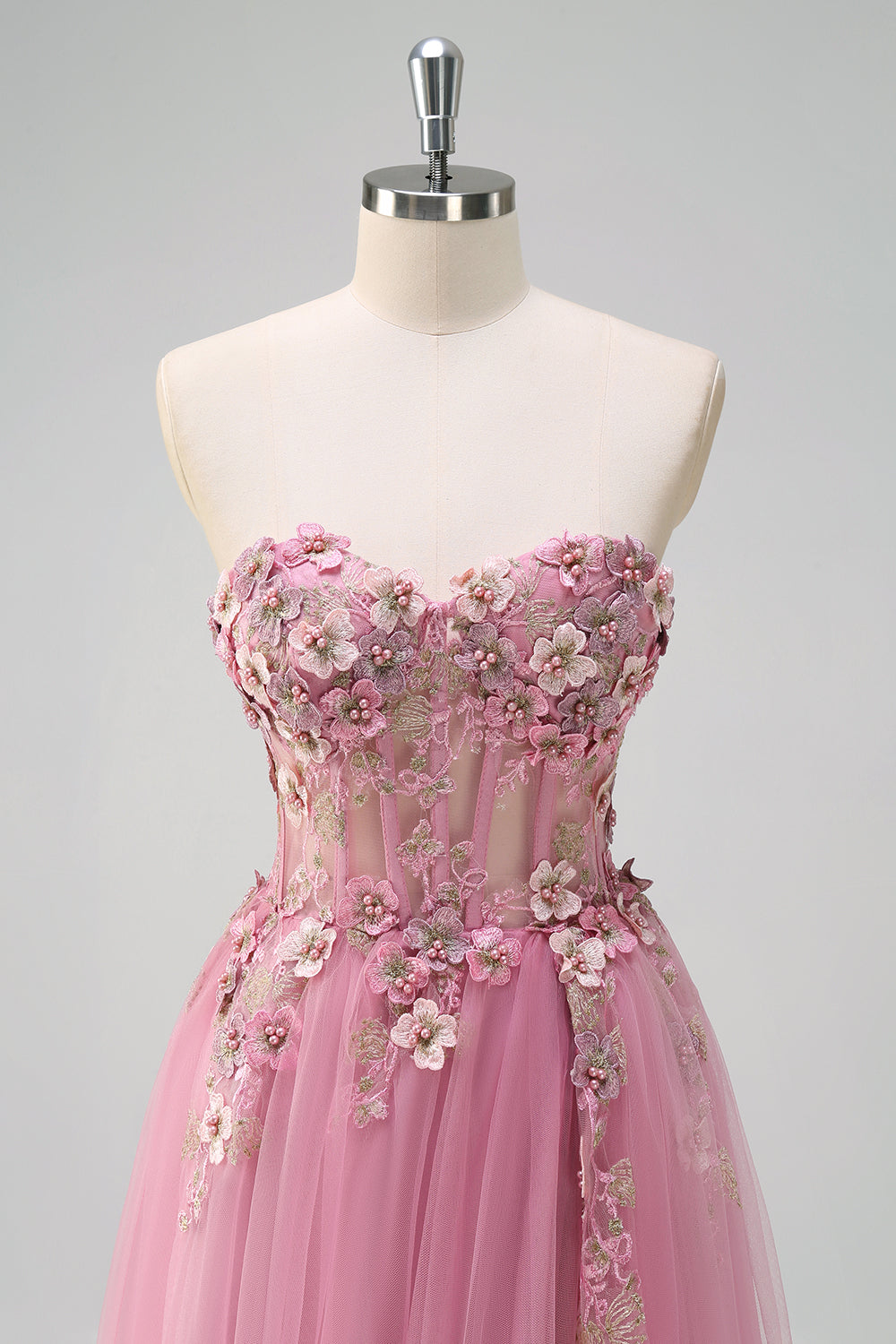 Taro Purple A-Line Strapless 3D Flower Corset Long Formal Dress with Slit