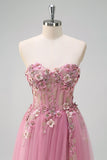 Taro Purple A-Line Strapless 3D Flower Corset Long Formal Dress with Slit