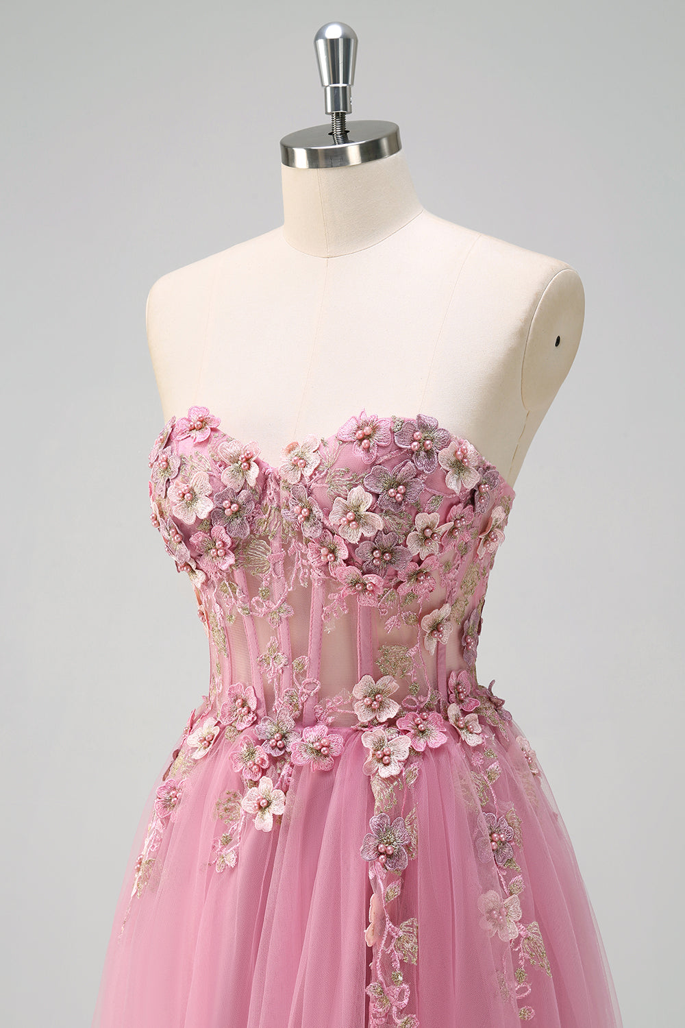 Taro Purple A-Line Strapless 3D Flower Corset Long Formal Dress with Slit