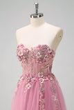 Taro Purple A-Line Strapless 3D Flower Corset Long Formal Dress with Slit