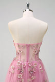 Taro Purple A-Line Strapless 3D Flower Corset Long Formal Dress with Slit