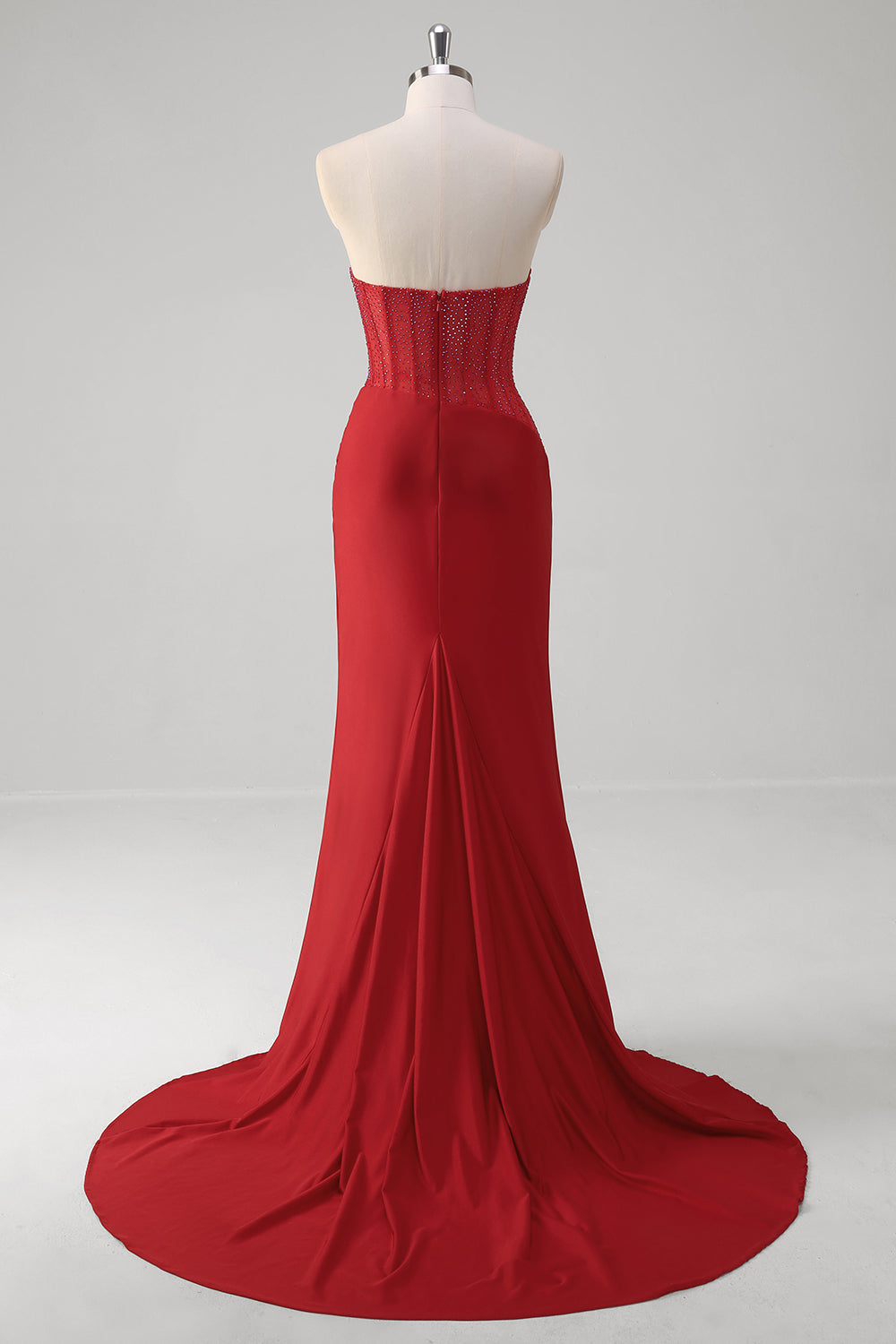 Beaded Strapless Mermaid Corset Long Red Formal Dress with Slit