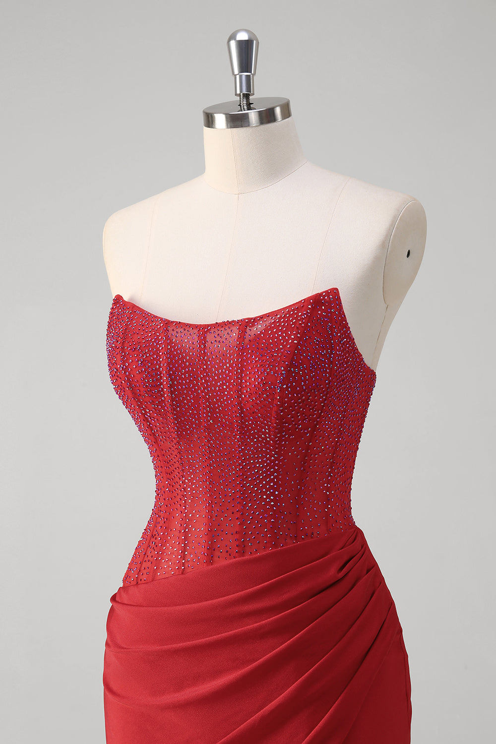 Sparkly Red Mermaid Corset Strapless Long Formal Dress With Slit