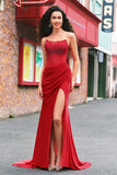 Beaded Strapless Mermaid Corset Long Red Formal Dress with Slit