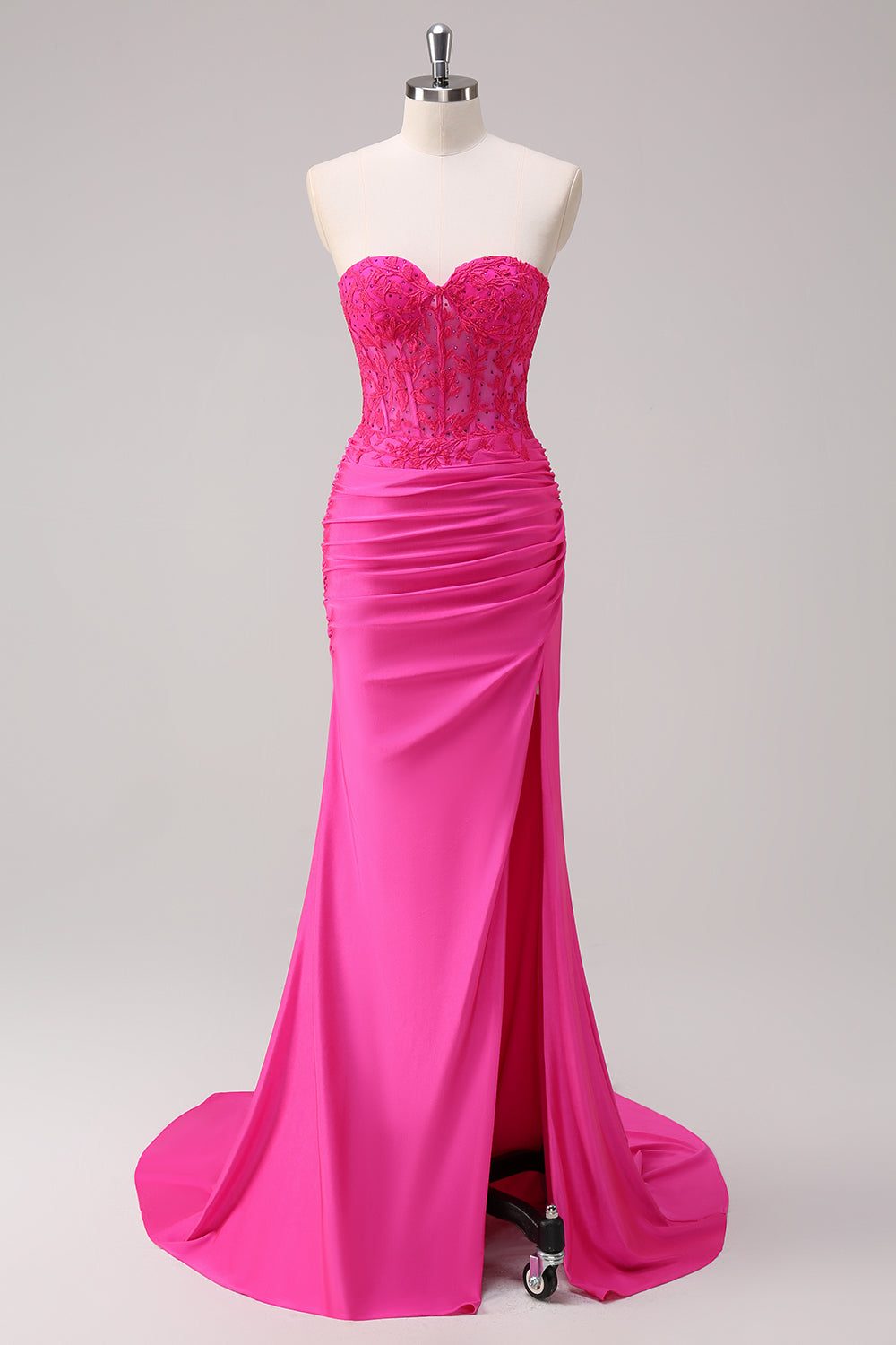 Mermaid Applique Strapless Corset Long Fuchsia Formal Dress with Slit