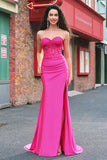 Mermaid Applique Strapless Corset Long Fuchsia Formal Dress with Slit