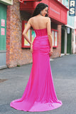 Mermaid Applique Strapless Corset Long Fuchsia Formal Dress with Slit