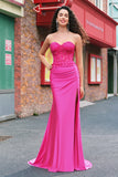 Mermaid Applique Strapless Corset Long Fuchsia Formal Dress with Slit