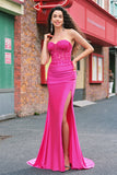 Mermaid Applique Strapless Corset Long Fuchsia Formal Dress with Slit