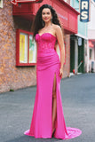 Mermaid Applique Strapless Corset Long Fuchsia Formal Dress with Slit