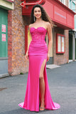 Mermaid Applique Strapless Corset Long Fuchsia Formal Dress with Slit