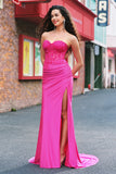 Mermaid Applique Strapless Corset Long Fuchsia Formal Dress with Slit