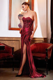 ZAPAKA Women  Sparkly Burgundy Corset Long Formal Dress with Sequins Satin Beaded Mermaid Sweetheart Ruched Evening Dress with Slit