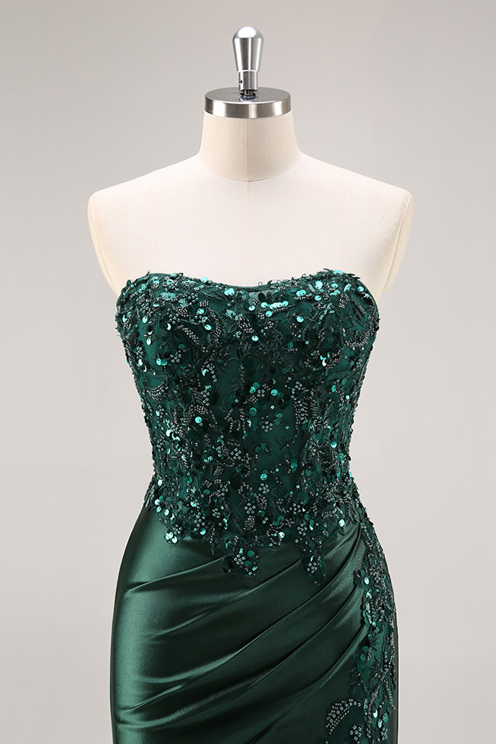 Sparkly Dark Green Strapless Mermaid Long Formal Dress with Slit