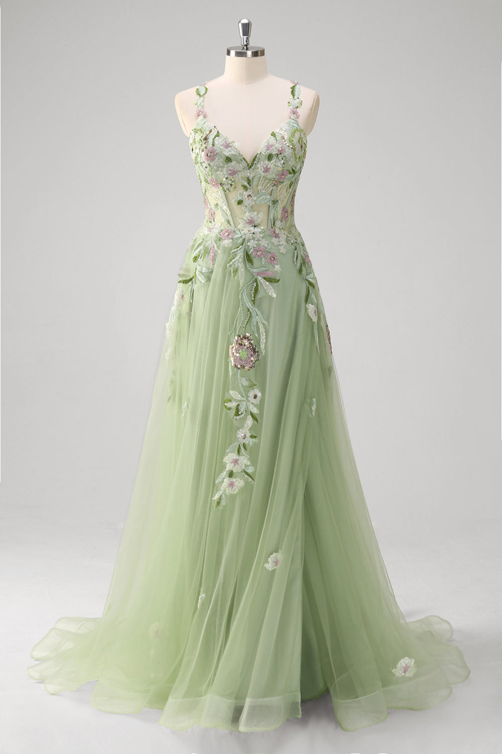 Green A line Spaghetti Straps Appliqued Corset Long Formal Dress With Tulle