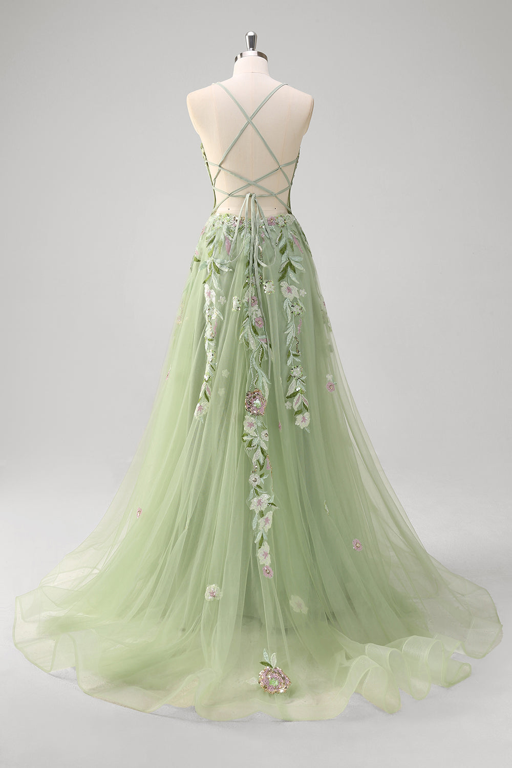 Green A Line Tulle Sequin Applique Corset Long Formal Dress with Slit