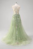 Green A Line Tulle Sequin Applique Corset Long Formal Dress with Slit
