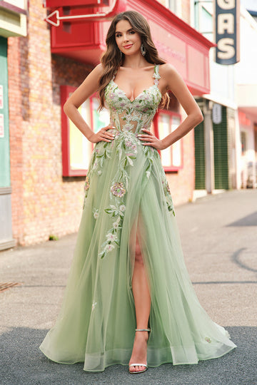 Green A Line Tulle Sequin Applique Corset Long Formal Dress with Slit
