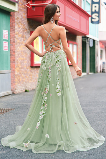 Green A Line Tulle Sequin Applique Corset Long Formal Dress with Slit
