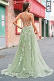 Green A Line Tulle Sequin Applique Corset Long Formal Dress with Slit
